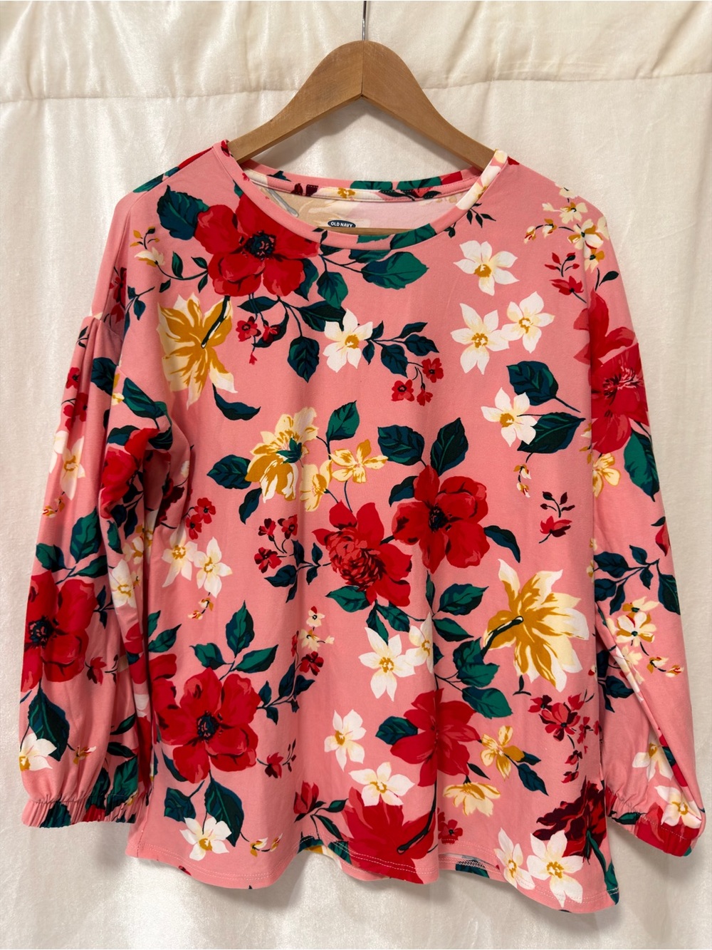 Old Navy Pink Floral Long-Sleeve Tee with Red & Yellow Blooms
